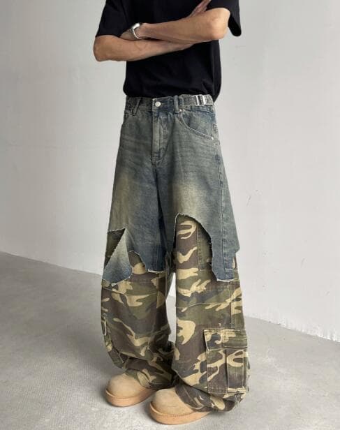 アメカジ 迷彩切り替えデニムカーゴパンツ 男性用重ね着風