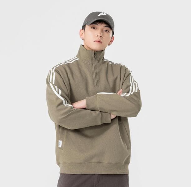 アメカジ メンズハイネックトレーナー袖ライン入りカジュアルスウェット