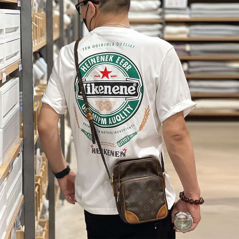 アメカジ ビール風ロゴプリント半袖Tシャツ