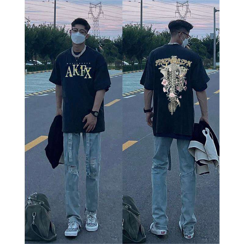 アメカジ スケルトン花柄プリント半袖Tシャツ