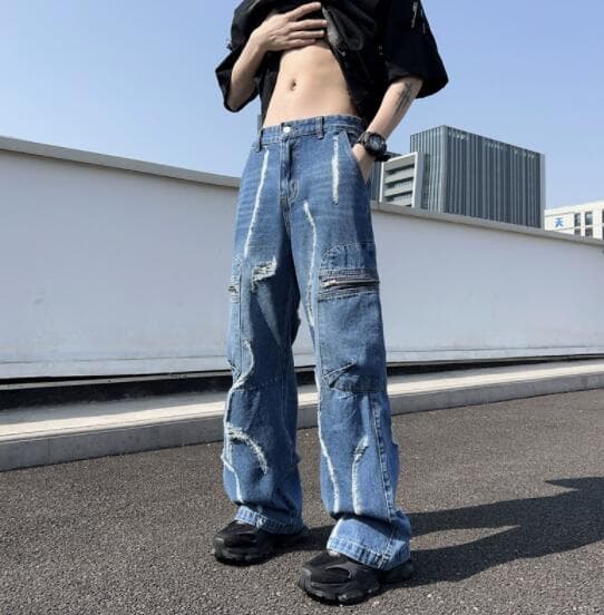 アメカジ デニム ワイドパンツ ダメージ加工 ヴィンテージ風ジーンズ