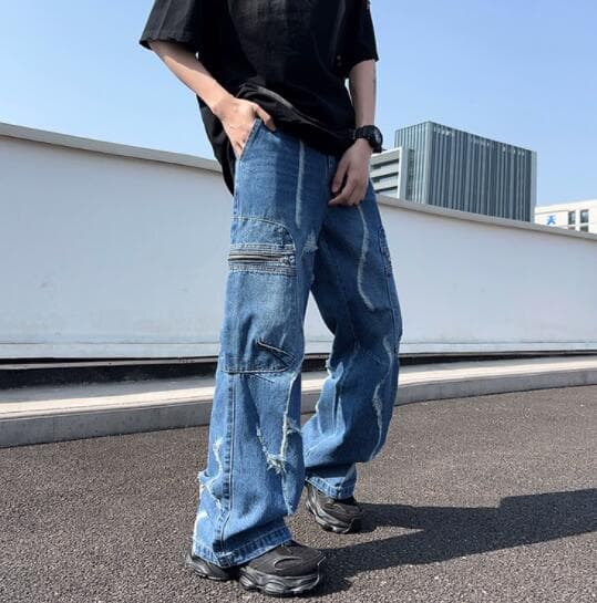 アメカジ デニム ワイドパンツ ダメージ加工 ヴィンテージ風ジーンズ