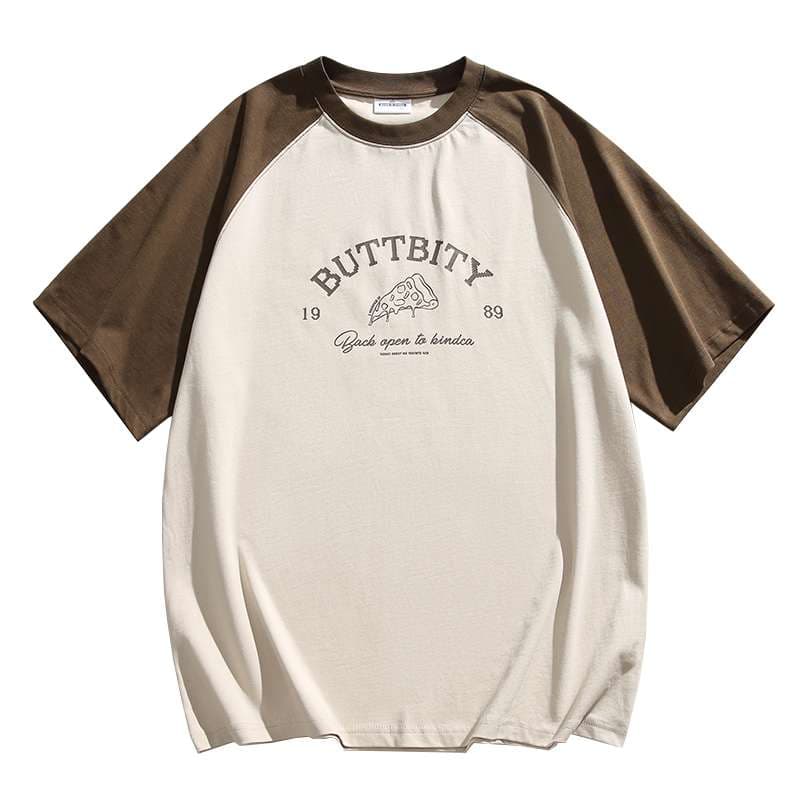 アメカジ レトロ風ピザプリント ラグランスリーブTシャツ