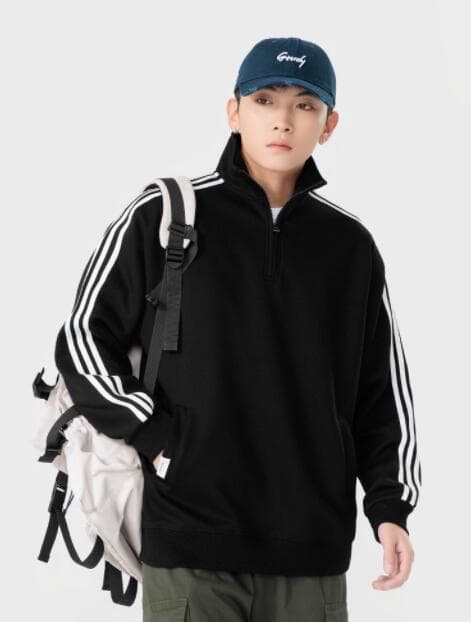 アメカジ メンズハイネックトレーナー袖ライン入りカジュアルスウェット