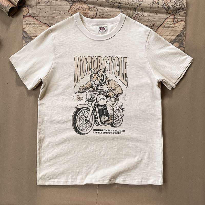 アメカジ オートバイ乗りトラのレトロデザインTシャツ