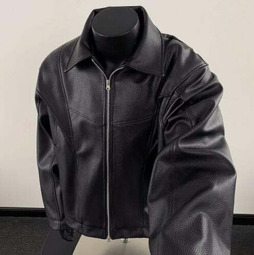 アメカジ メンズ フェイクレザージャケット 黒 フード付き アウター