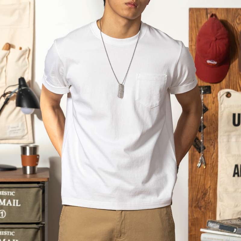 アメカジ シンプルポケット付きクルーネックTシャツ