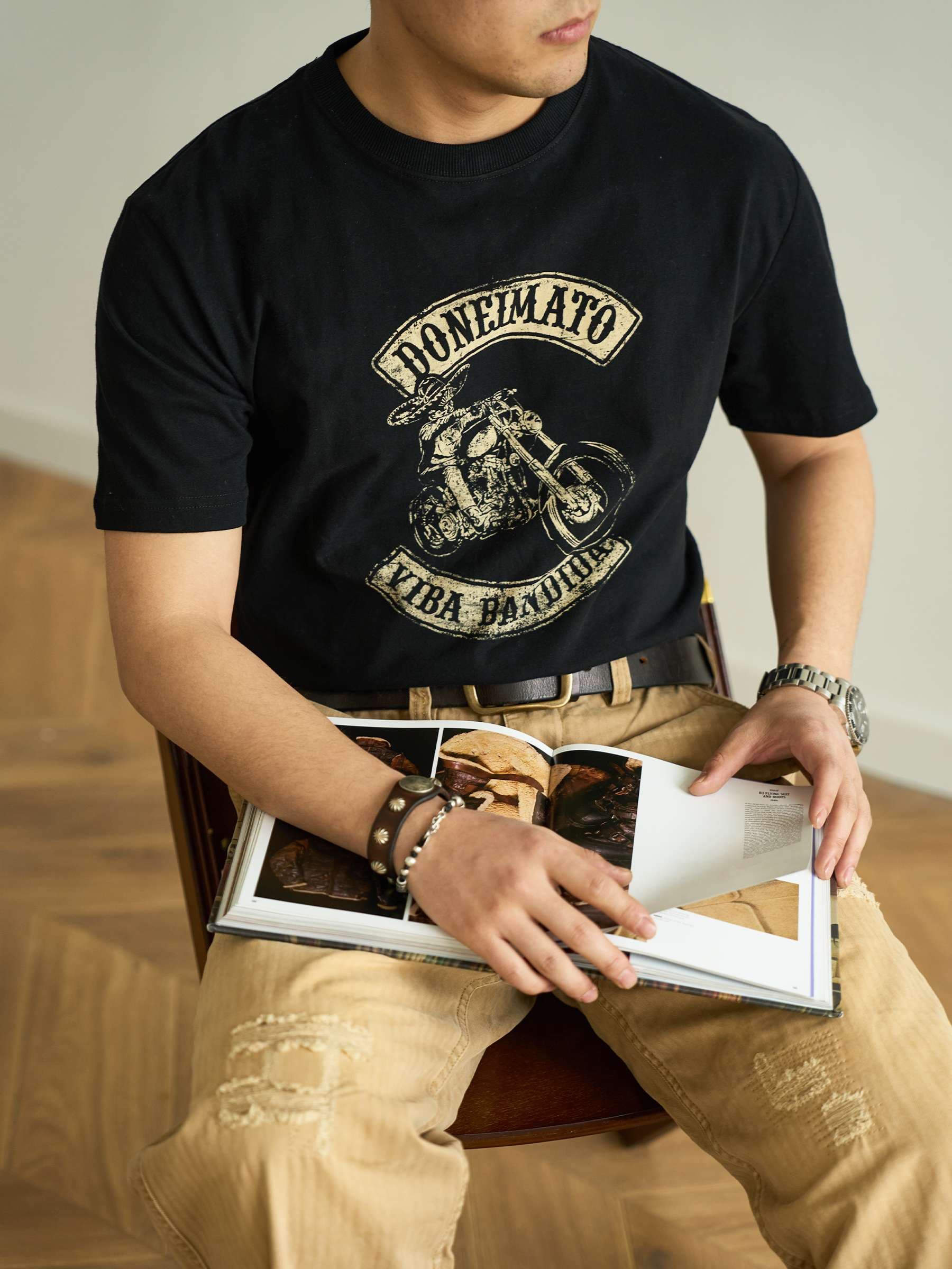 アメカジ バイカーロゴプリント半袖Tシャツ