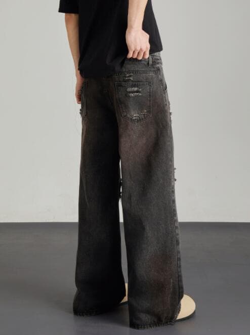アメカジ デニム ワイドパンツ ダメージ加工 ヴィンテージ風