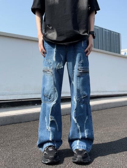 アメカジ デニム ワイドパンツ ダメージ加工 ヴィンテージ風ジーンズ