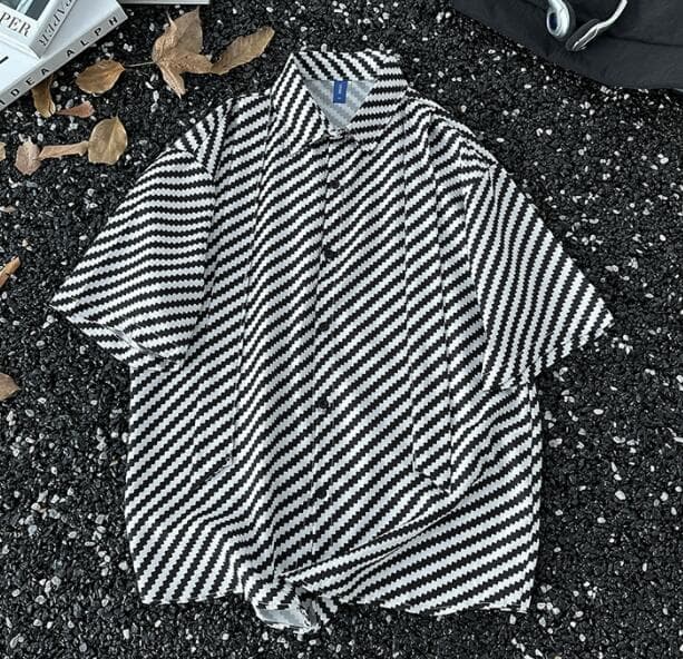 メンズ半袖シャツ 白黒ストライプ アメカジ