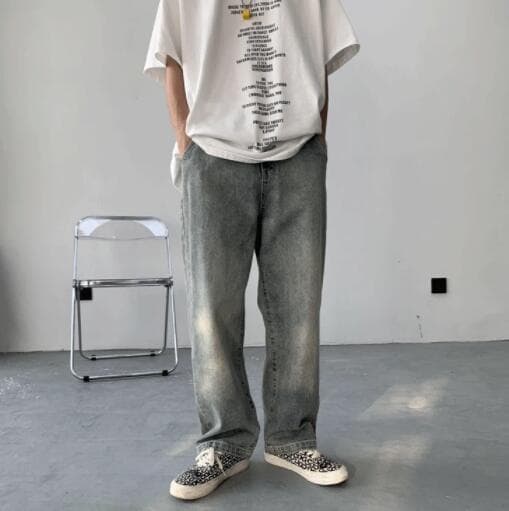 アメカジ メンズ デニム ワイドパンツ ヴィンテージ風 ゆったりボトムス