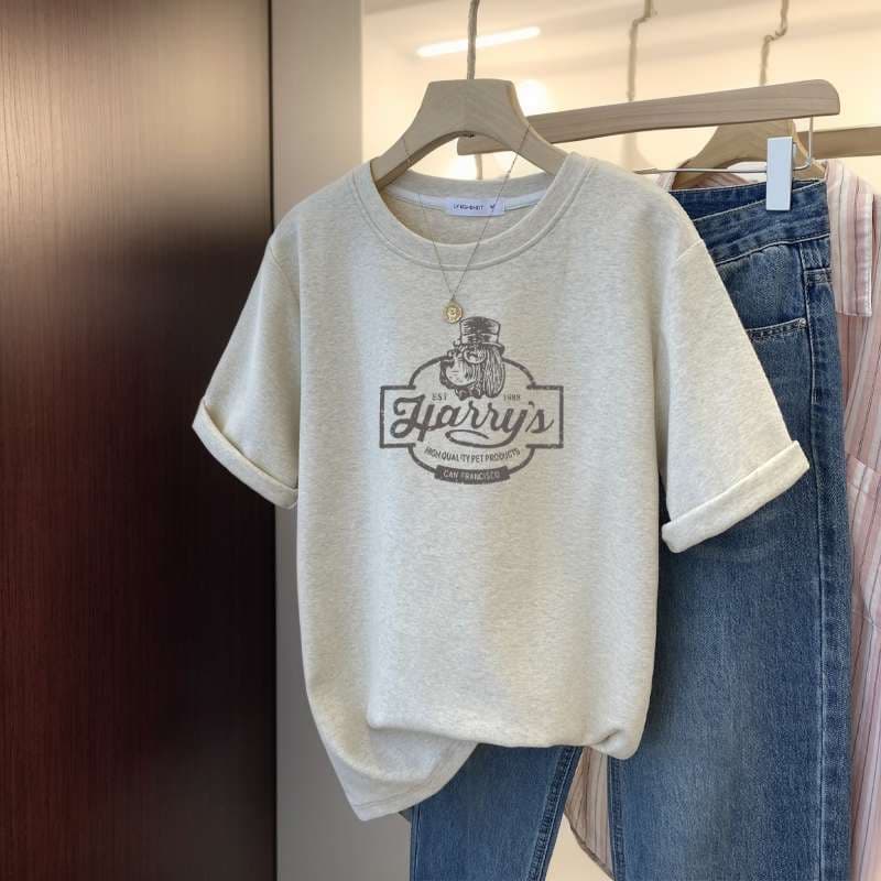 アメカジ レトロなカフェロゴプリント半袖Tシャツ