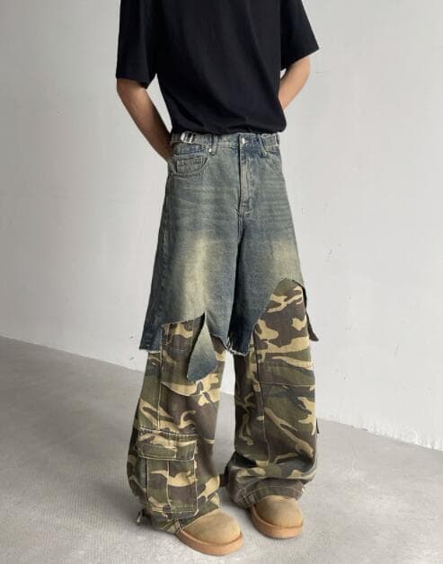 アメカジ 迷彩切り替えデニムカーゴパンツ 男性用重ね着風
