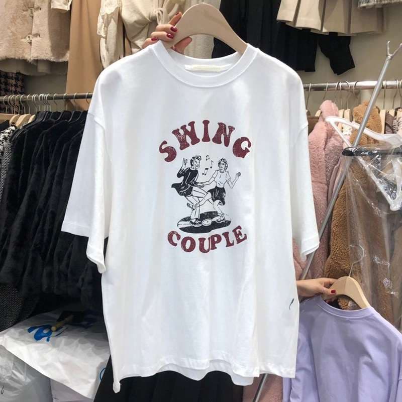 アメカジ スイングカップルプリントレトロTシャツ