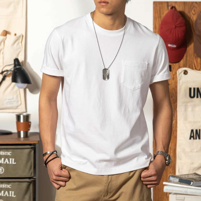 アメカジ シンプルポケット付きクルーネックTシャツ