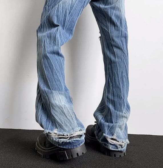 アメカジ メンズ ダメージ加工デニムパンツ ゆったりストレート