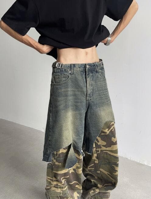 アメカジ 迷彩切り替えデニムカーゴパンツ 男性用重ね着風