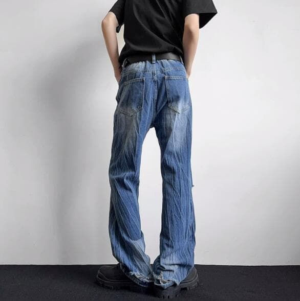 アメカジ メンズ ダメージ加工デニムパンツ ゆったりストレート