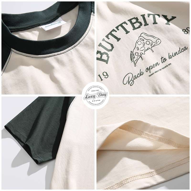 アメカジ レトロ風ピザプリント ラグランスリーブTシャツ