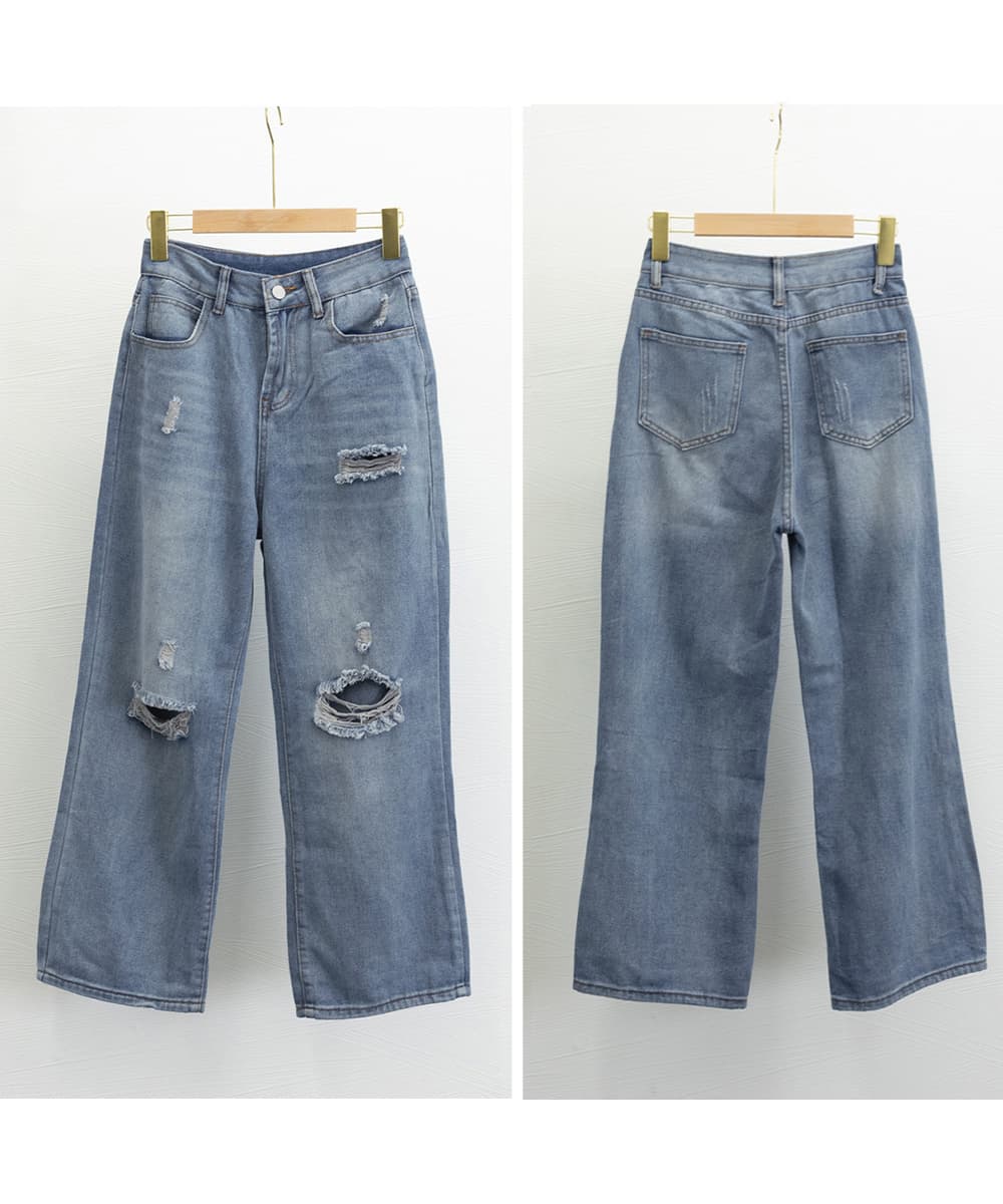 アメカジ ダメージデニムパンツ レディース ハイウエスト ストレート