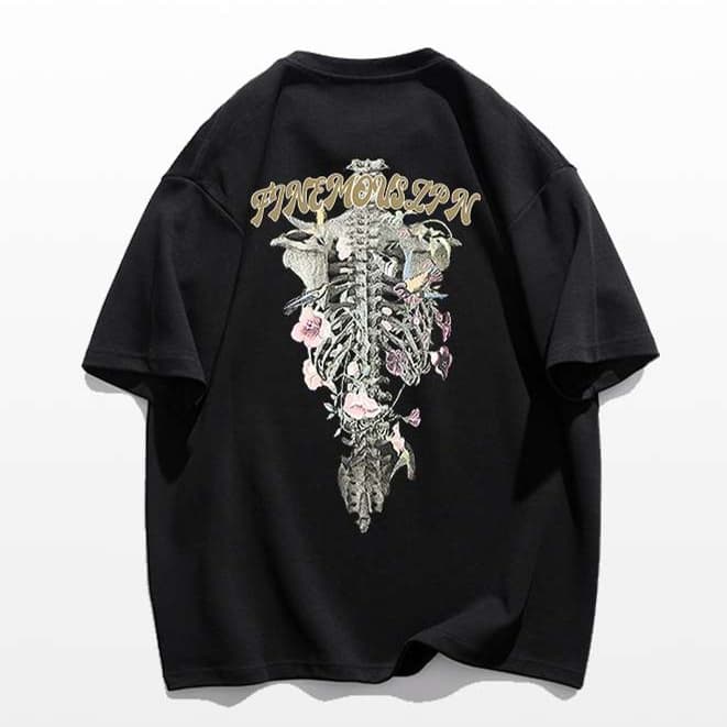 アメカジ スケルトン花柄プリント半袖Tシャツ