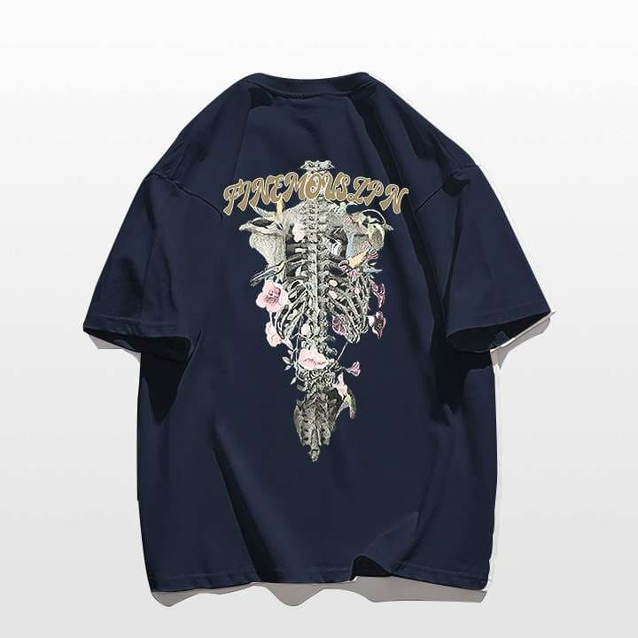 アメカジ スケルトン花柄プリント半袖Tシャツ