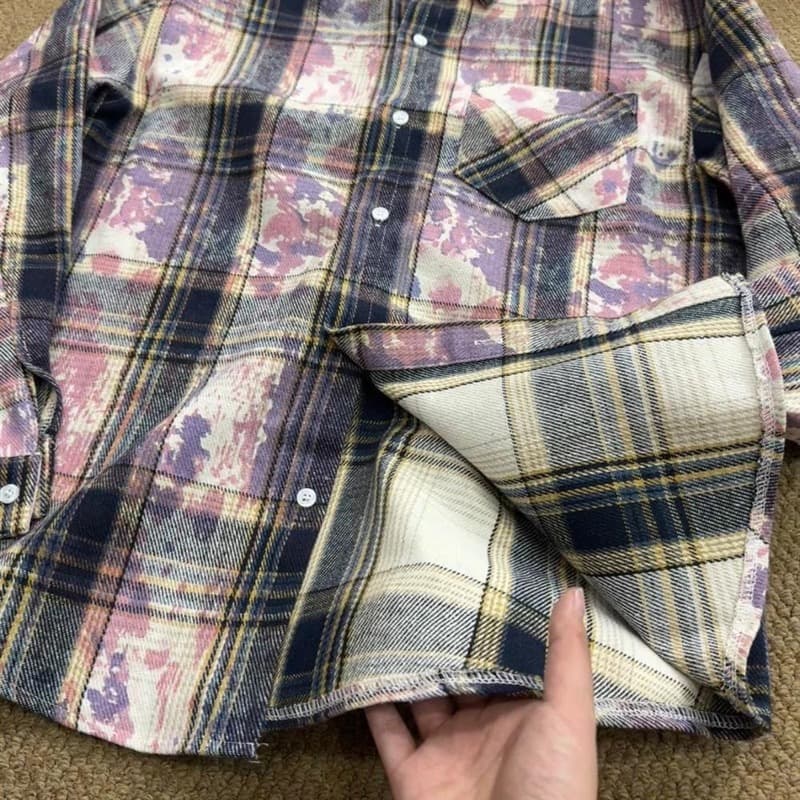 アメカジ 長袖チェック柄ネルシャツ ペイント風加工 メンズカジュアルシャツ