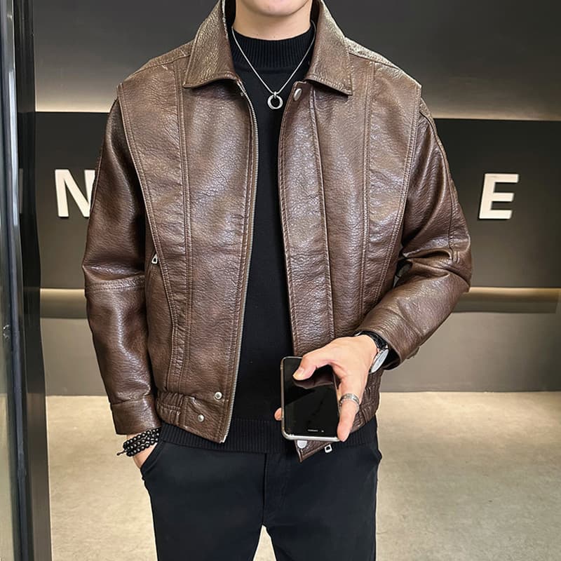 アメカジ 本革シングルライダース襟付きジップジャケット