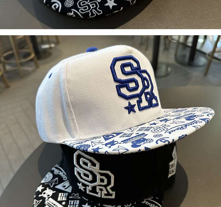 アメカジ ストリート系ロゴ刺繍フラットバイザーキャップ