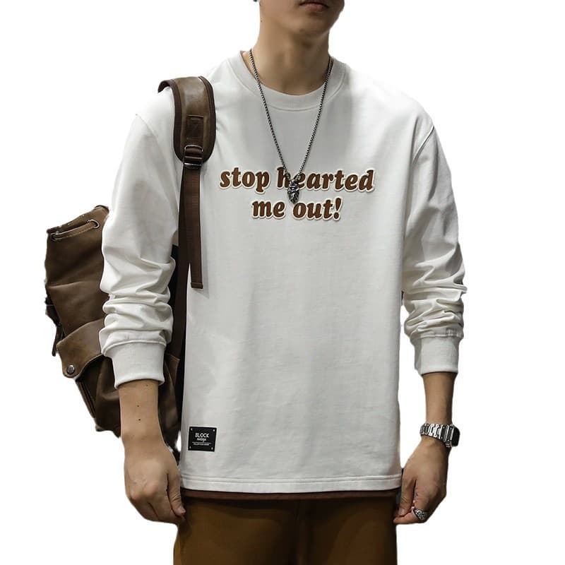 アメカジ メッセージ刺繍クルーネック長袖Tシャツ