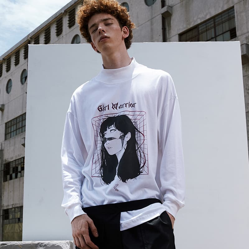 アメカジ 女の子イラストプリント模擬タートルネック長袖Tシャツ