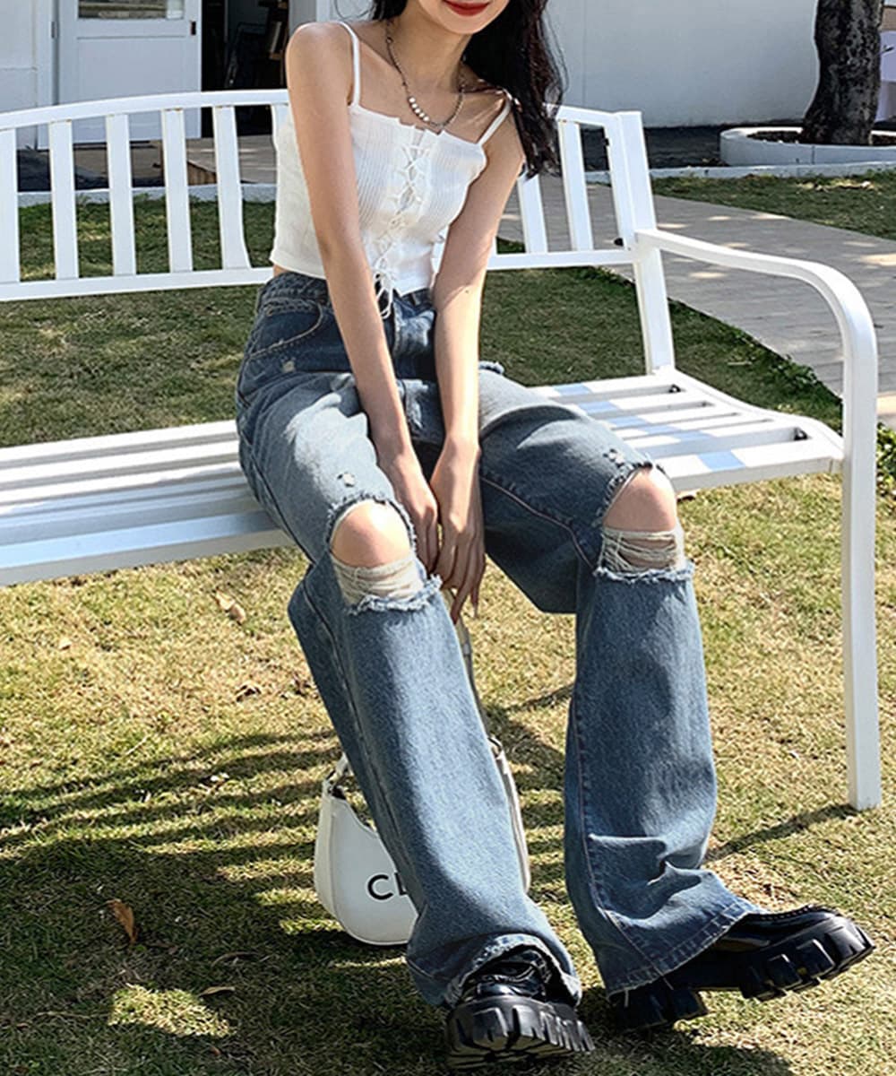 アメカジ ダメージデニムパンツ レディース ハイウエスト ストレート