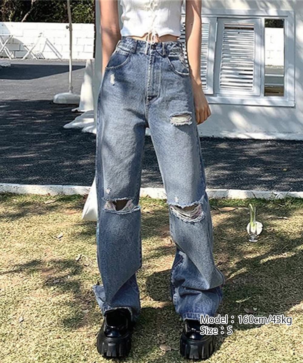 アメカジ ダメージデニムパンツ レディース ハイウエスト ストレート