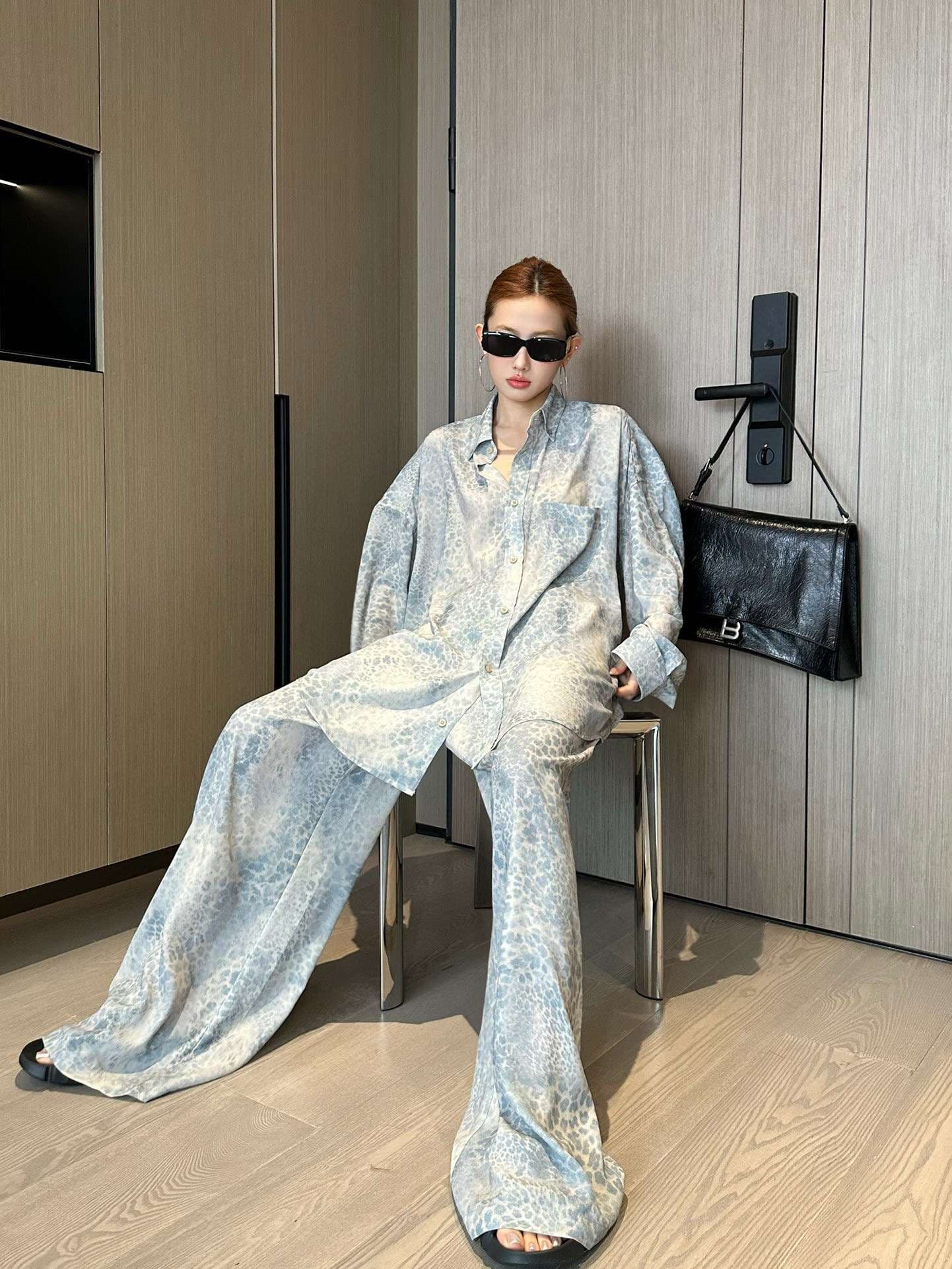 アメカジ オーバーサイズ レオパード柄シルクシャツ