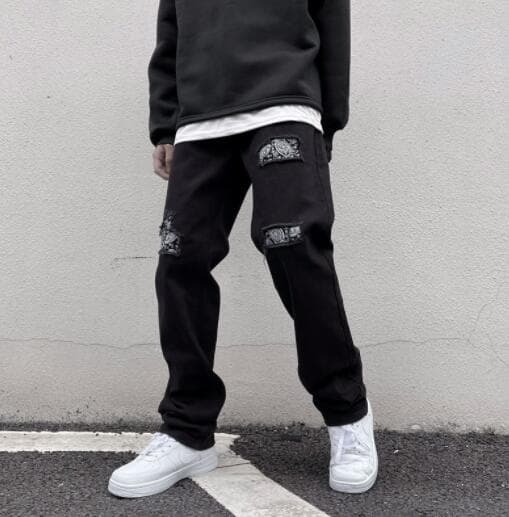 アメカジ メンズ ブラック デニム ダメージ加工 ストリート パンツ