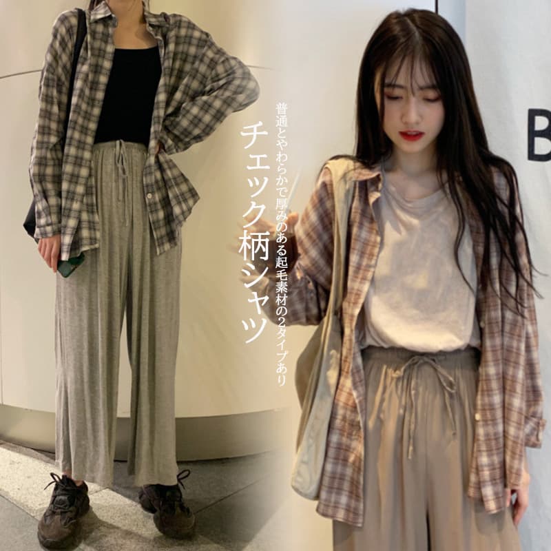 アメカジ 起毛チェック柄ネルシャツ カジュアル厚手ブラウス