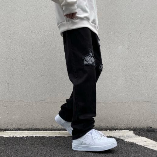 アメカジ メンズ ブラック デニム ダメージ加工 ストリート パンツ