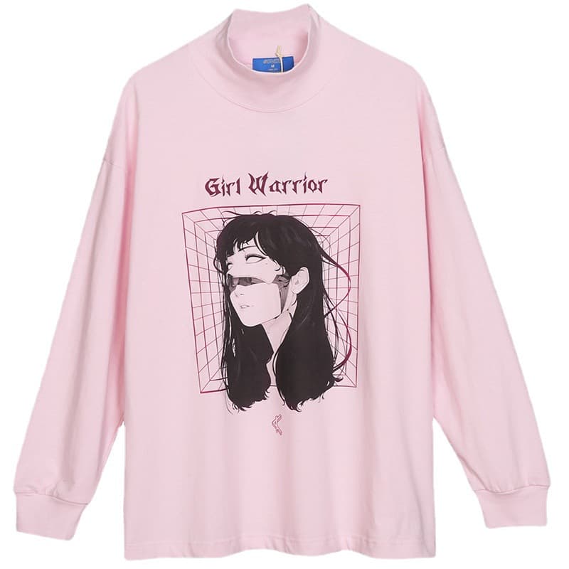 アメカジ 女の子イラストプリント模擬タートルネック長袖Tシャツ