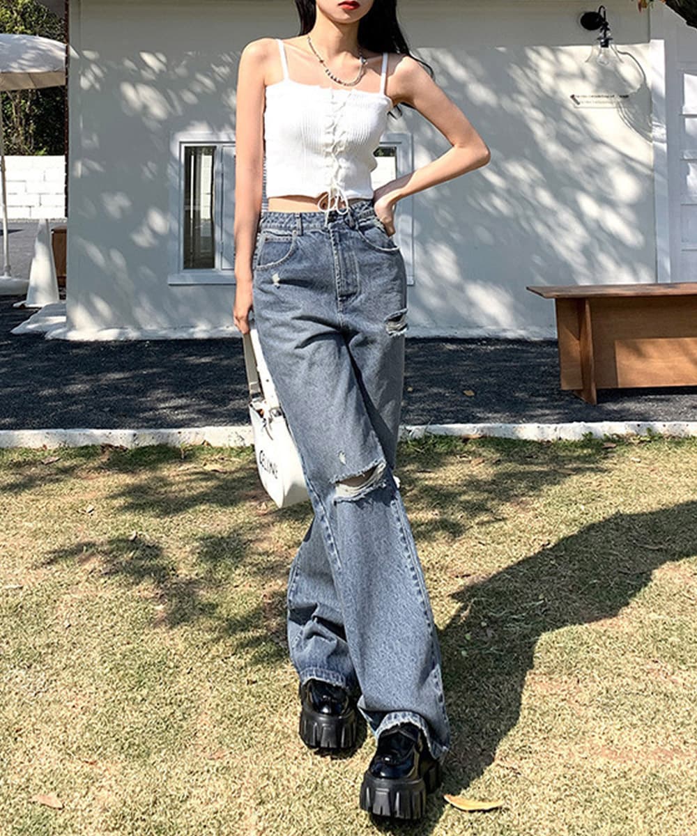 アメカジ ダメージデニムパンツ レディース ハイウエスト ストレート