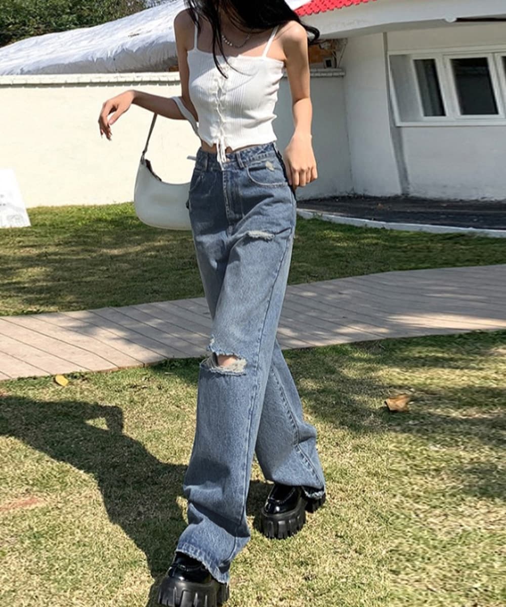 アメカジ ダメージデニムパンツ レディース ハイウエスト ストレート