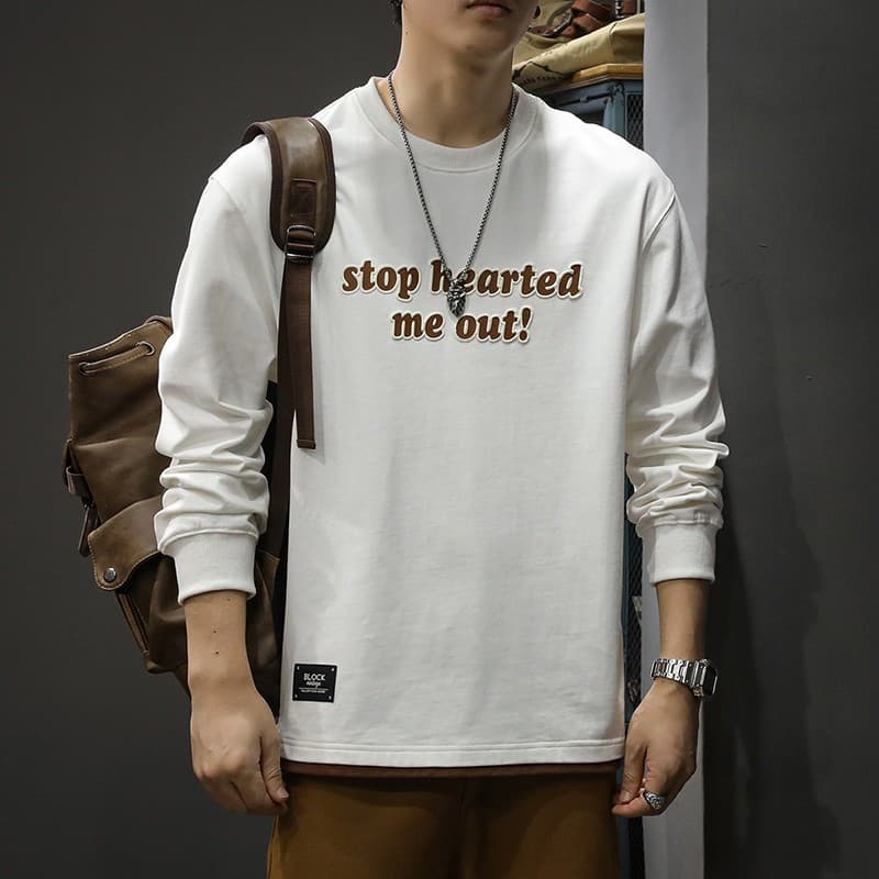 アメカジ メッセージ刺繍クルーネック長袖Tシャツ