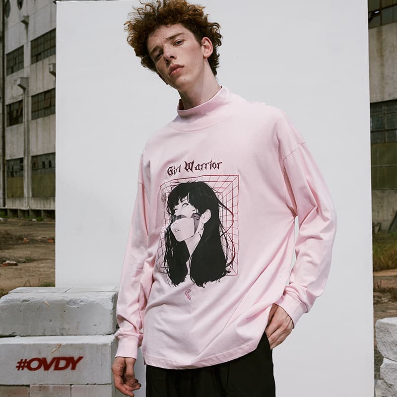 アメカジ 女の子イラストプリント模擬タートルネック長袖Tシャツ